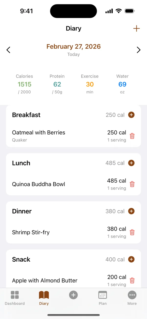 Food diary with daily calories, protein, exercise and water totals