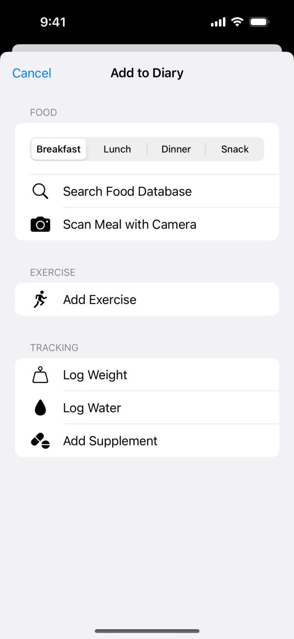 Add to Diary menu with Scan Meal with Camera