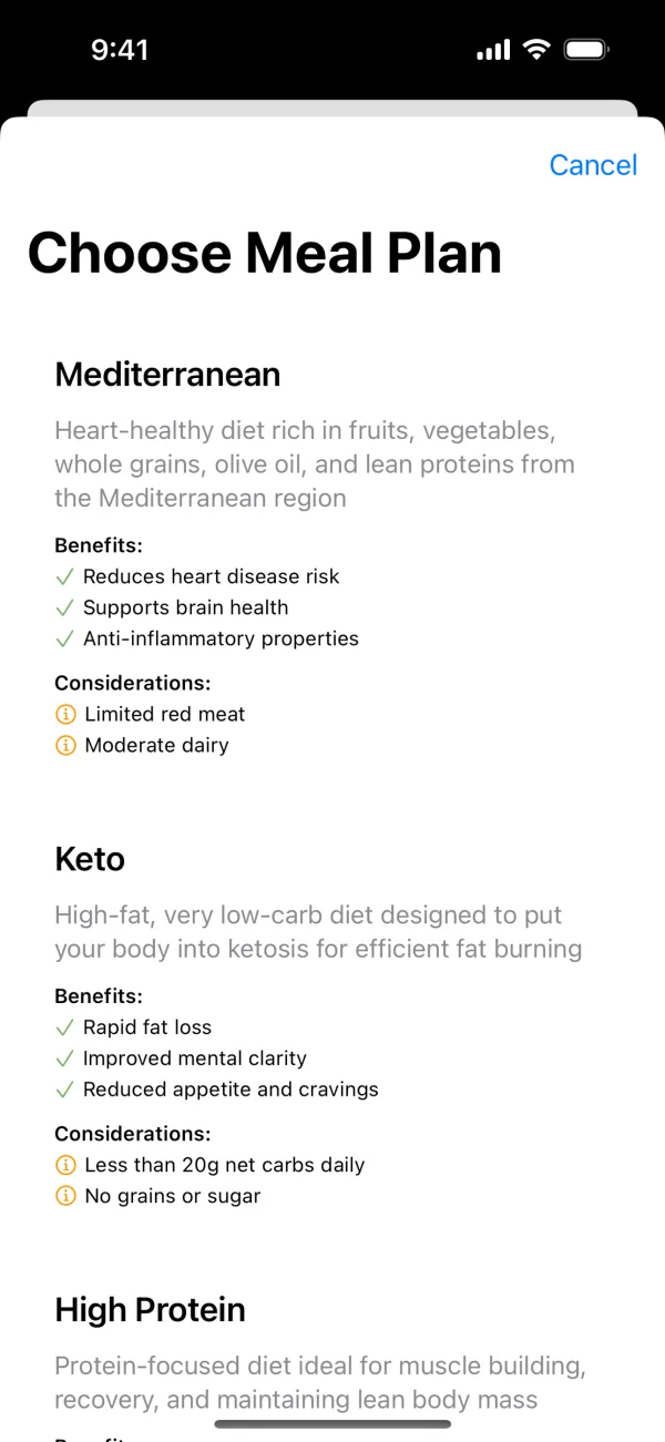 Choose Meal Plan screen with Mediterranean, Keto and High Protein plans